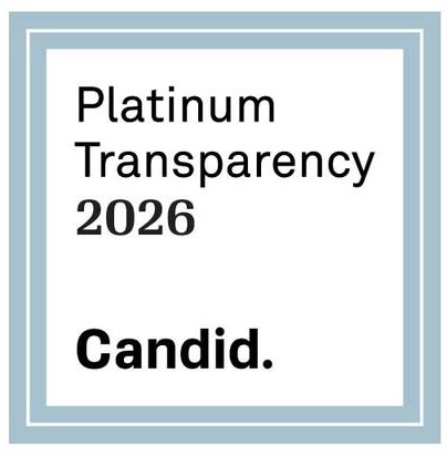 A square badge with a light blue border displays the text "Platinum Transparency 2026" and "Candid." in black letters on a white background, making it ideal for showcasing in your website footer.