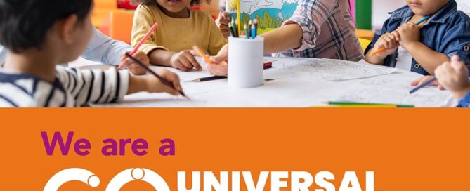 Teacher and three young children engaging in coloring activities around a table in a colorful classroom, with text stating "we are a universal preschool provider.