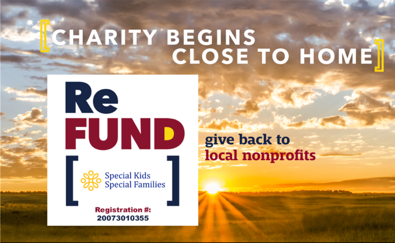 Advertisement poster for re fund charity focusing on local nonprofits, featuring a sunrise background and information on "special kids special families" with a registration number.