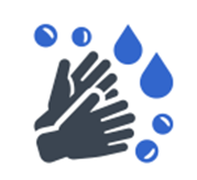 Icon depicting handwashing with water droplets, showing two dark hands rubbing together with blue droplets around them, representing the act of washing hands with water.