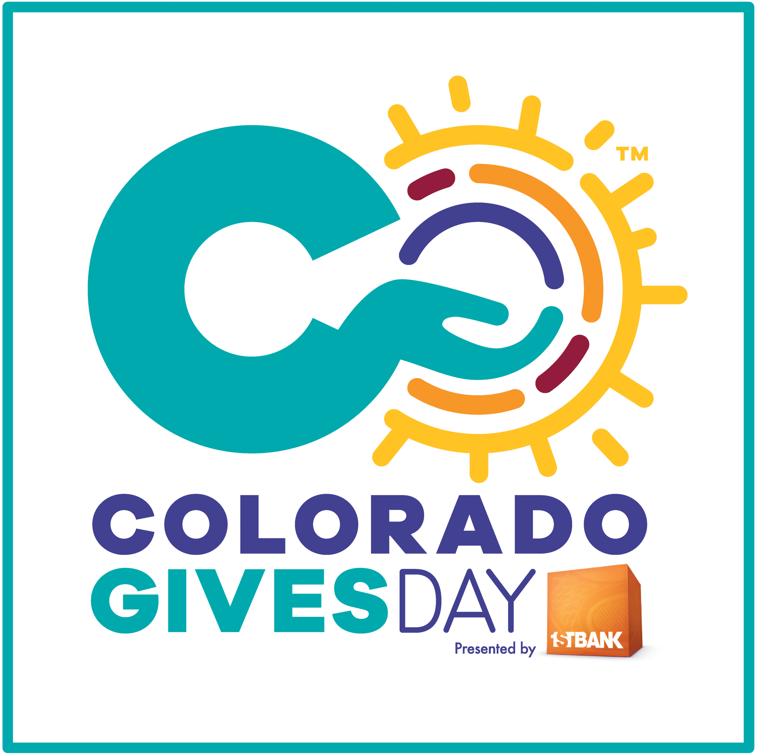 Logo for Colorado Gives Day presented by FirstBank, featuring a turquoise hand-circle design and a sun motif.