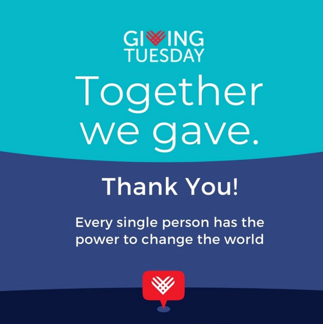 Giving Tuesday graphic with text "Together we gave. Thank You! Every single person has the power to change the world," featuring a red heart emblem.