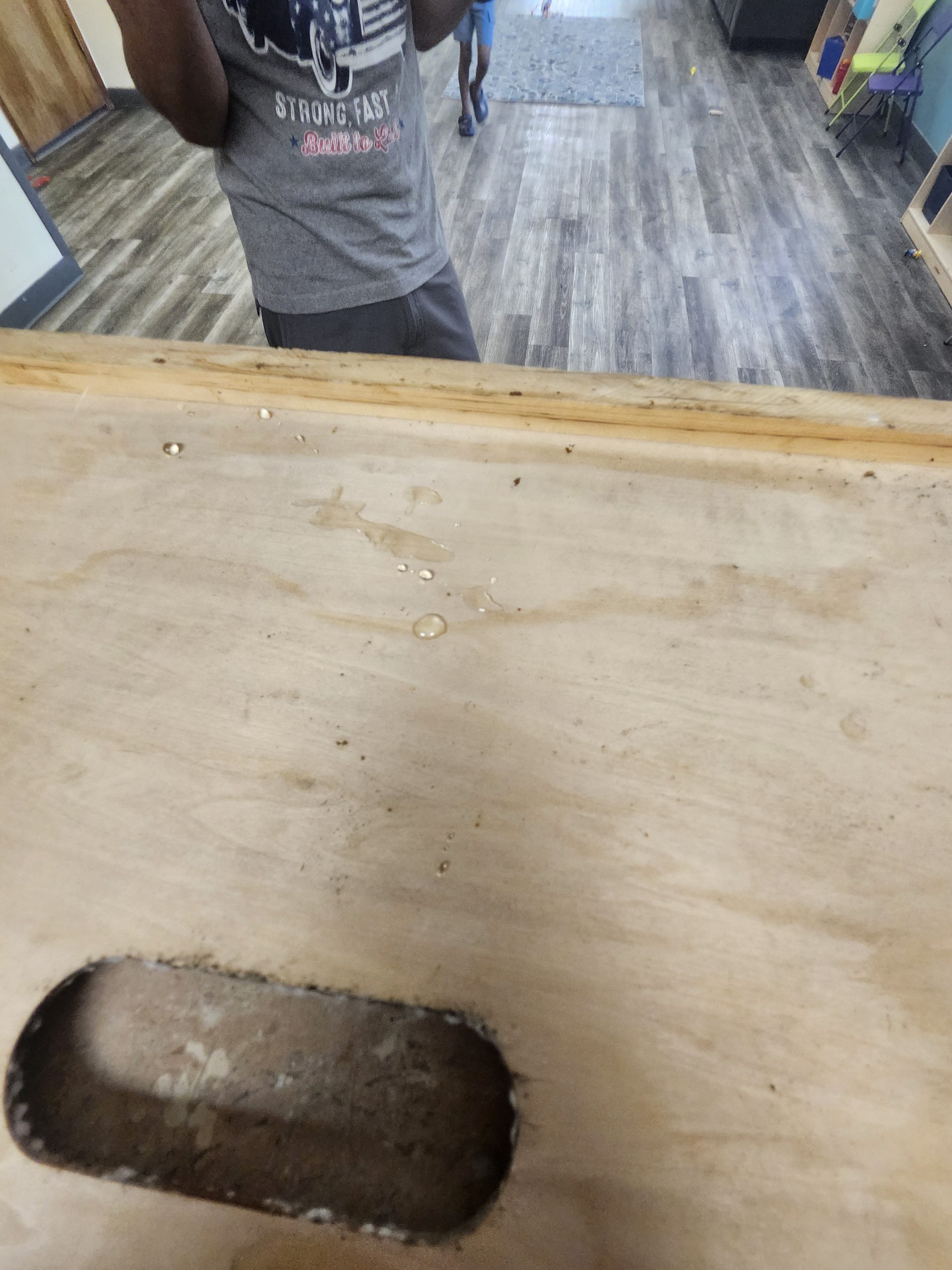 BEES_June2025(5) A person wearing a graphic t-shirt is partially visible in a reflection above a wooden surface with water droplets and an oblong cutout; a child stands in the background on a wood floor.