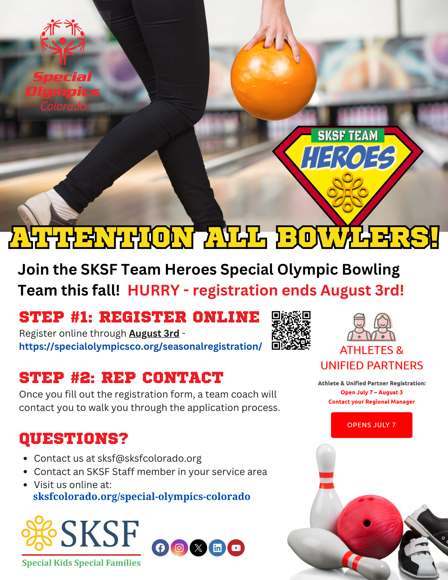 A person holds a bowling ball, a bowling pin is on the floor, and text announces Special Olympics Colorado SKSF Team Heroes Bowling registration, with steps and contact information.