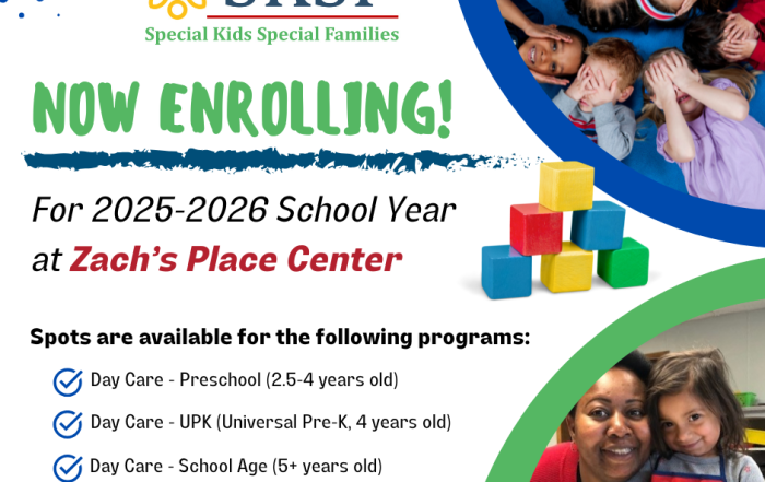 Flyer for SKSF’s Zach’s Place Center promotes 2025-2026 enrollment for preschool, UPK, and school age daycare, with photos of smiling children and a caregiver, and colorful blocks.