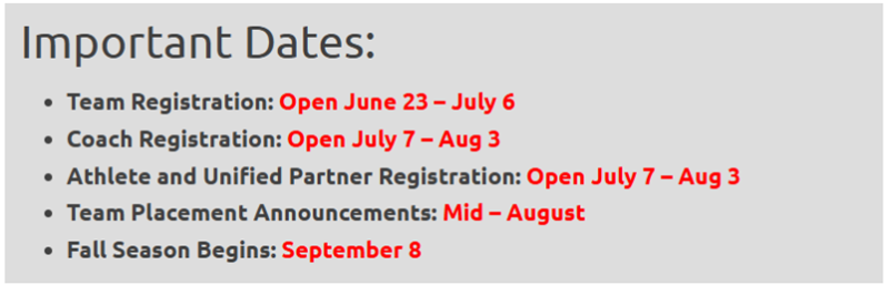 A list of important dates for registration and announcements, with key deadlines highlighted in red; fall season begins September 8.