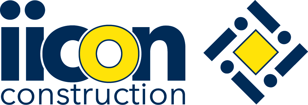 Logo for iicon construction featuring the company name in blue with yellow accents and a geometric symbol of blue shapes and a yellow diamond on the right.