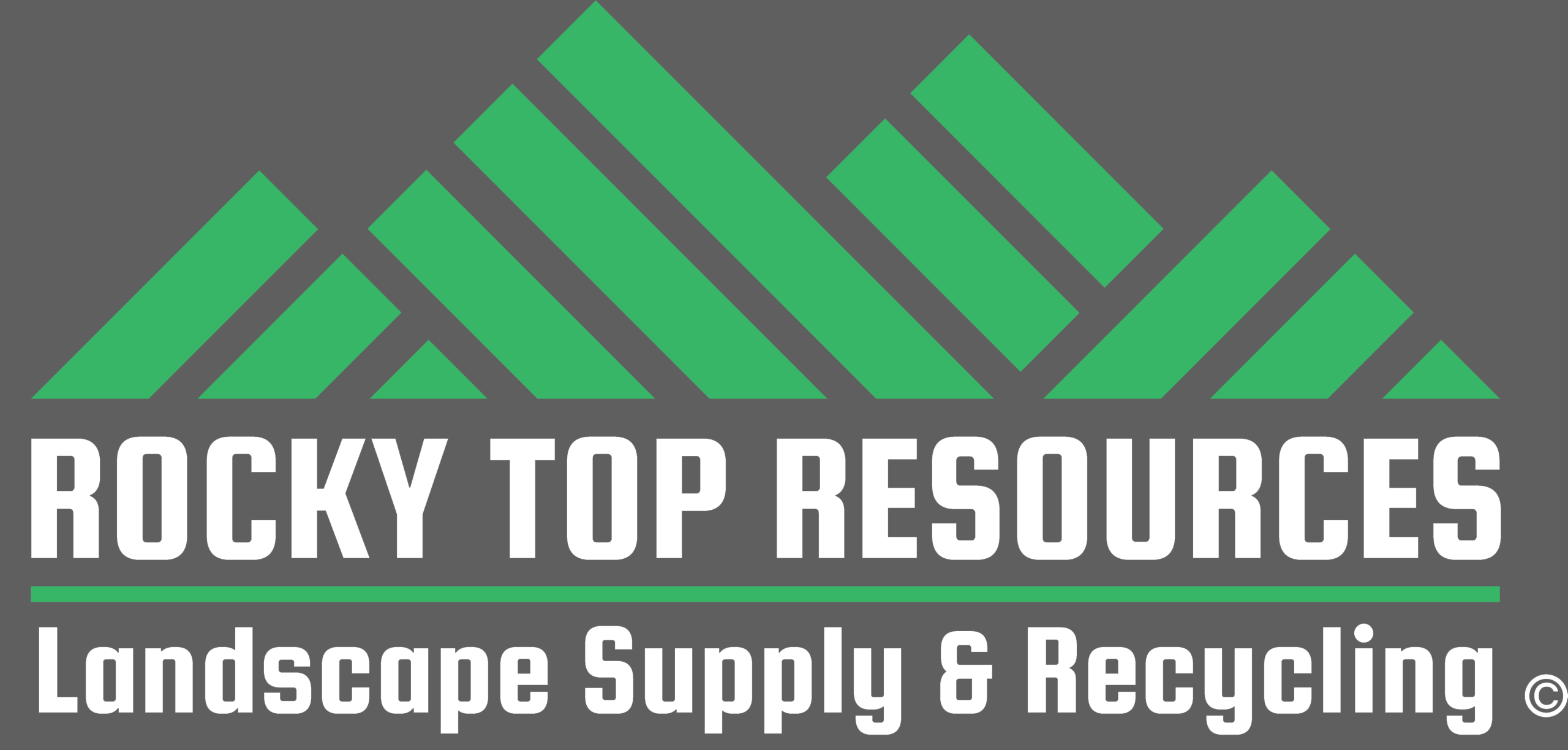 Logo for Rocky Top Resources with green geometric mountain shapes and the text "Landscape Supply & Recycling" on a gray background.