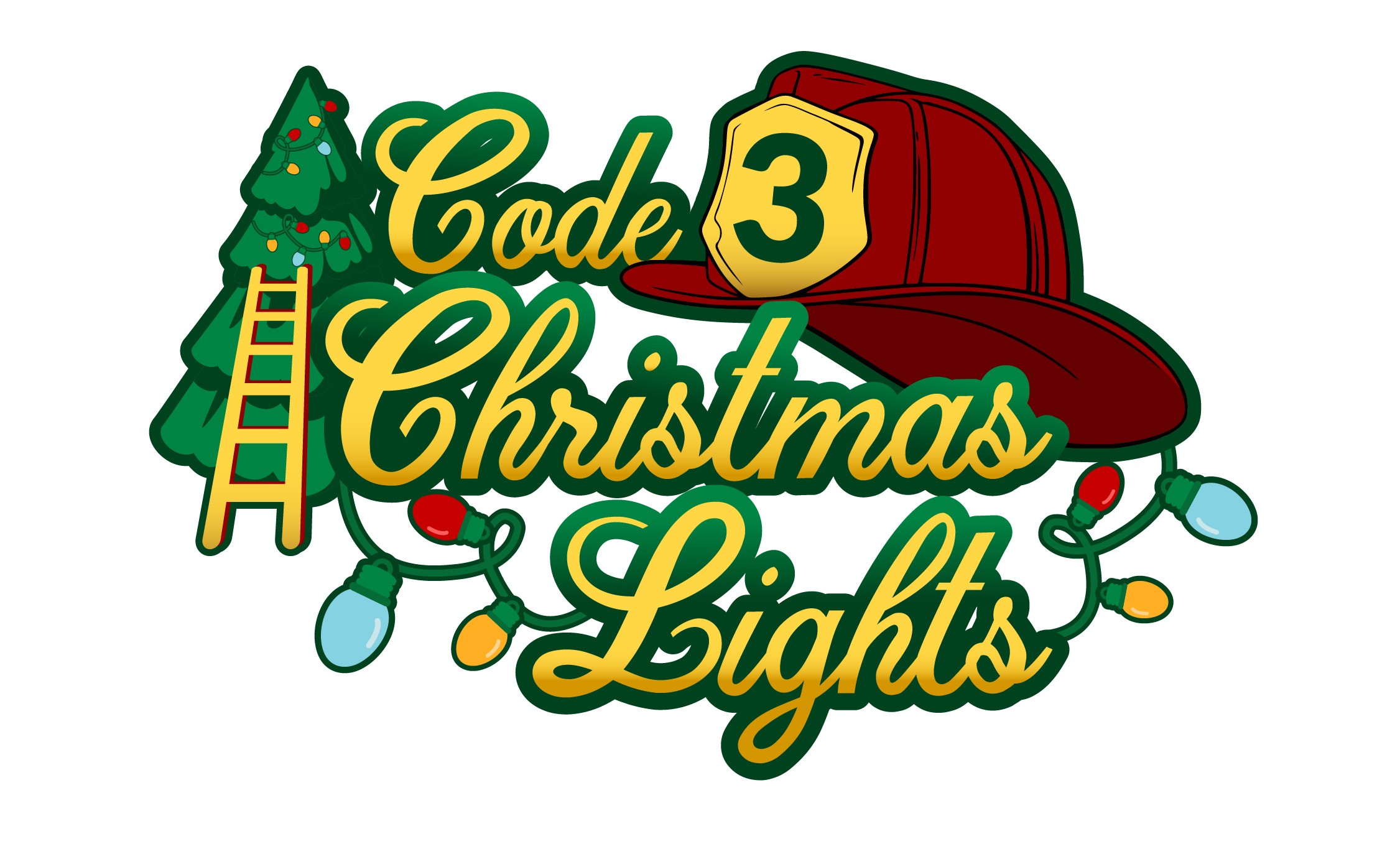 A Christmas tree with a ladder, a firefighter helmet labeled “3,” and the words “Code 3 Christmas Lights” surrounded by string lights.