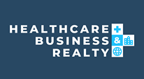 Logo for Healthcare Business & Realty featuring white text on a dark blue background with healthcare-related icons in blue and white to the right of the text.