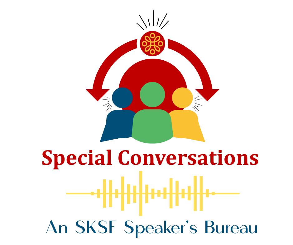LOGO_SPECIAL CONVERSATIONS-VERTICAL-final Logo with three colorful people icons, a red arc and sunburst above, soundwave graphic below, and text: "Special Conversations, An SKSF Speaker’s Bureau.