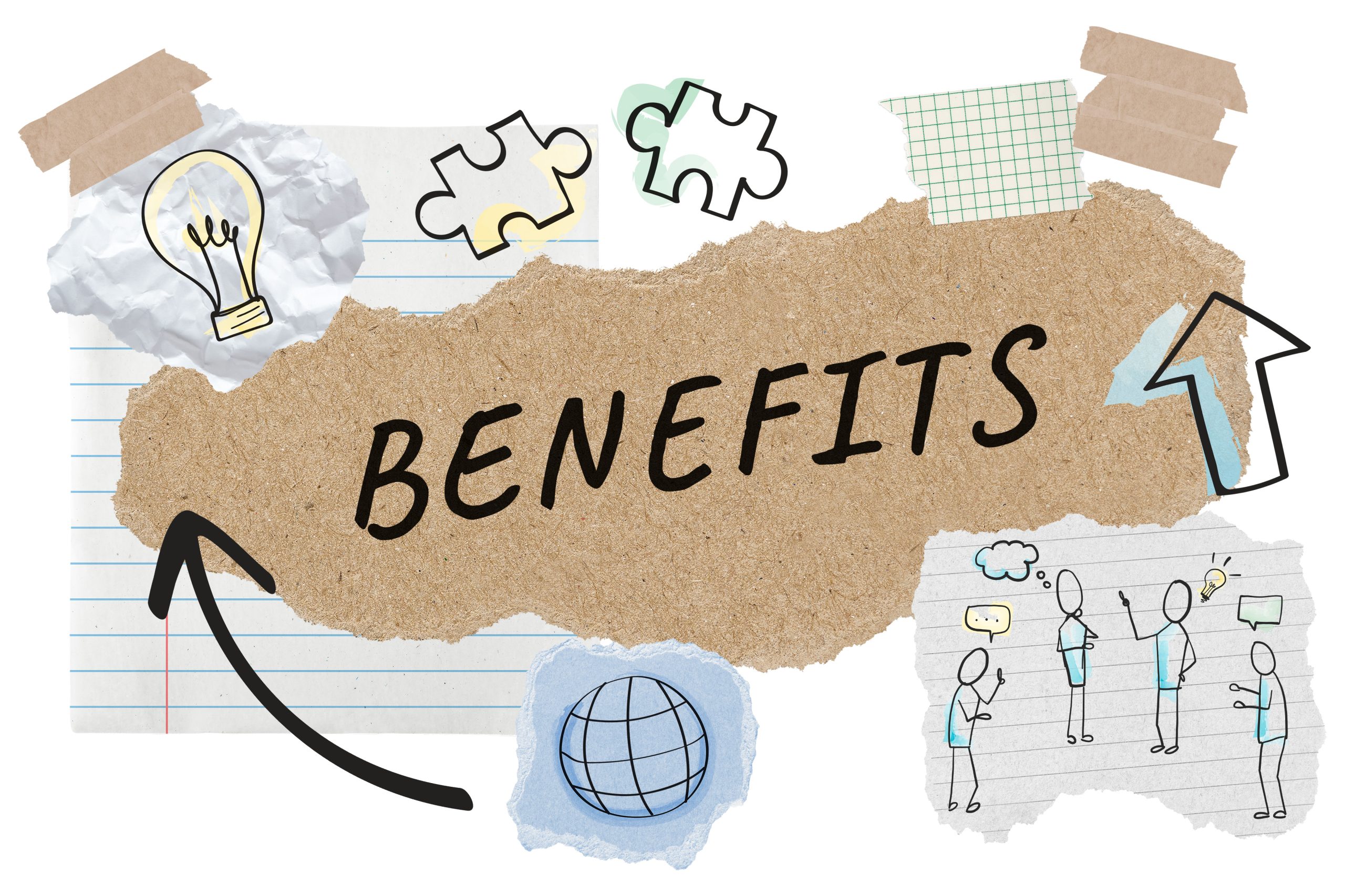 benefits-png-word-sticker-typography-business-doodle-paper-collage-transparent-background A collage with the word "BENEFITS" on torn paper, surrounded by drawings of a light bulb, puzzle pieces, a globe, arrows, and people talking.