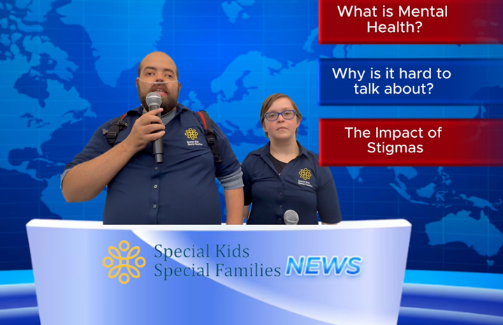 Two presenters stand at a news desk labeled "Special Kids Special Families NEWS," with discussion topics on mental health and stigma displayed on a blue map background.