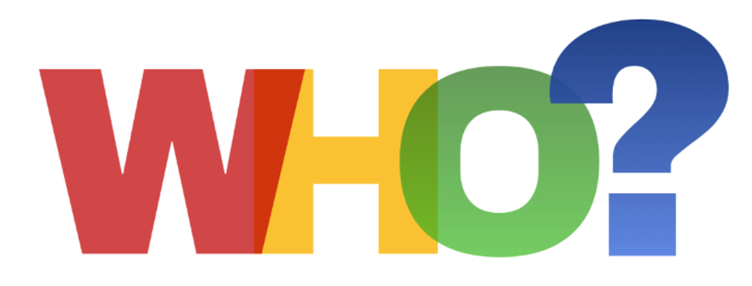 Text graphic featuring the word "WHO?" in large, bold, multi-colored letters with a white background.