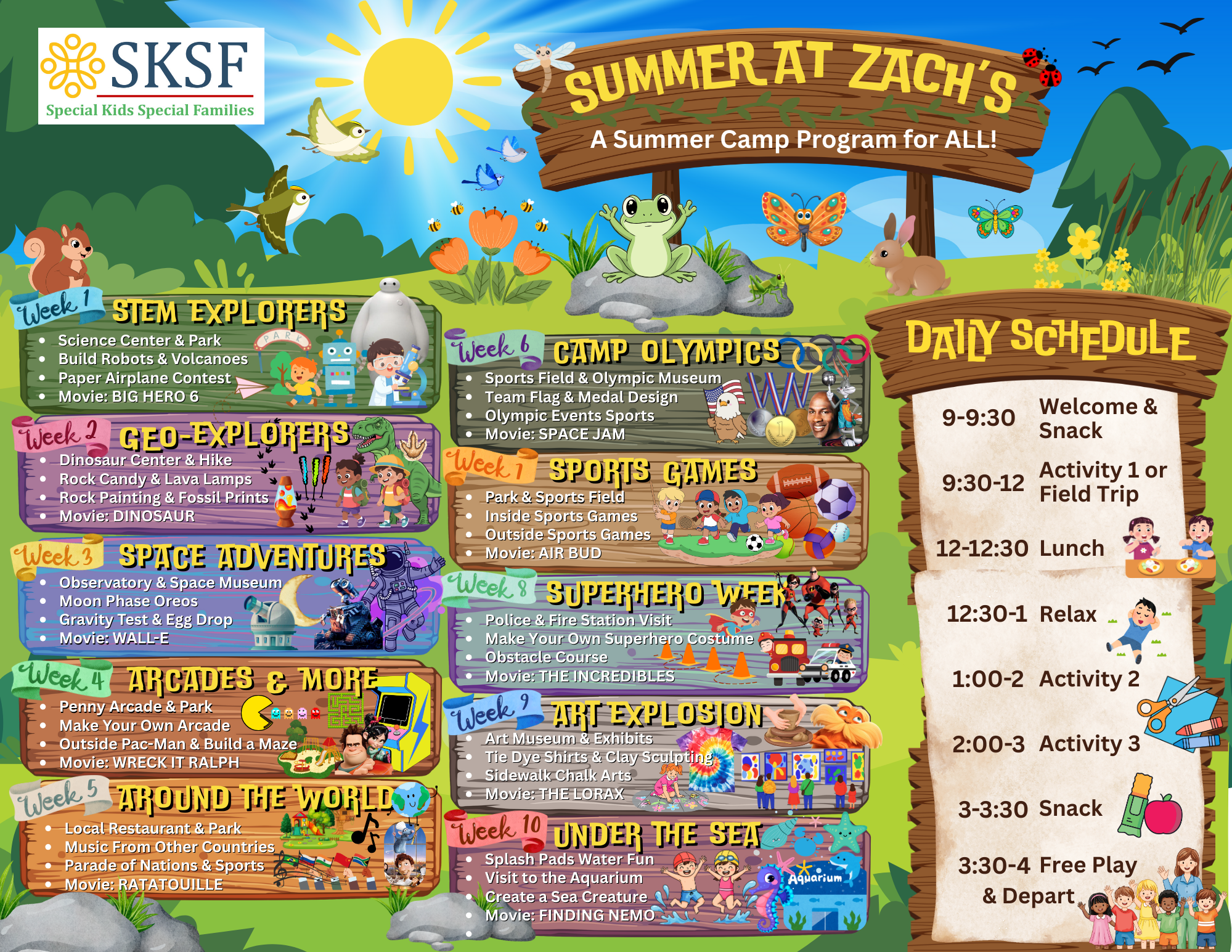 Colorful summer camp flyer for SKSF's "Summer at Zach's" program, listing themed weekly activities, camp schedule, and playful cartoon illustrations of children and animals.