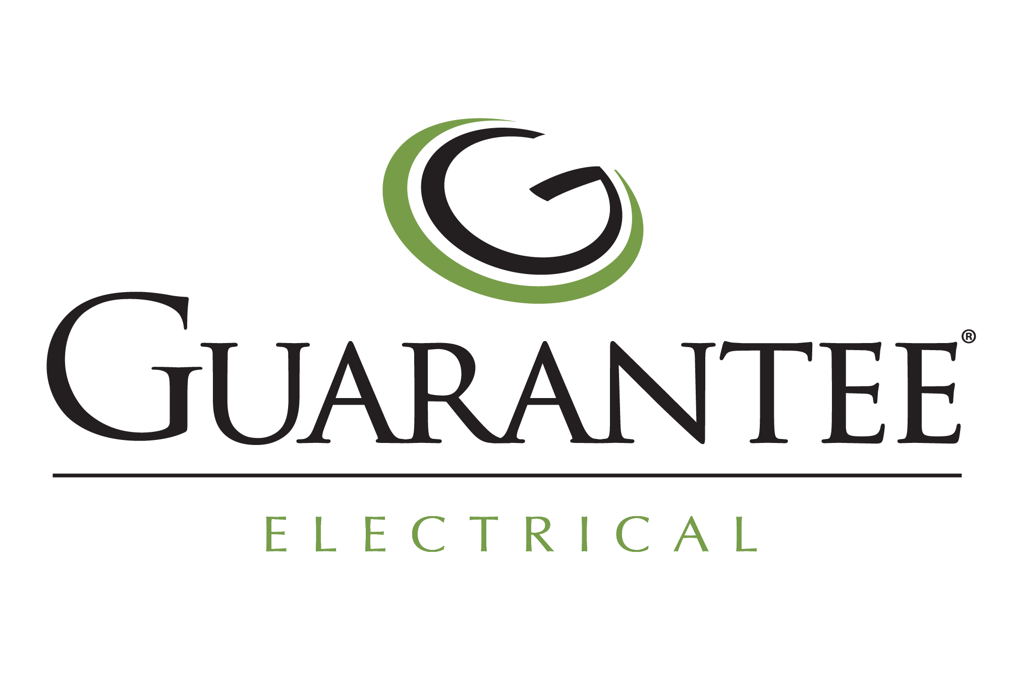 Logo for Guarantee Electrical featuring a stylized "G" above the company name in black and green text, with "Electrical" written below a horizontal line.