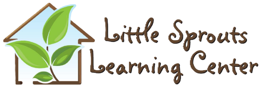 Logo for Little Sprouts Learning Center featuring a house outline with green leaves inside and the center’s name in a handwritten-style font.