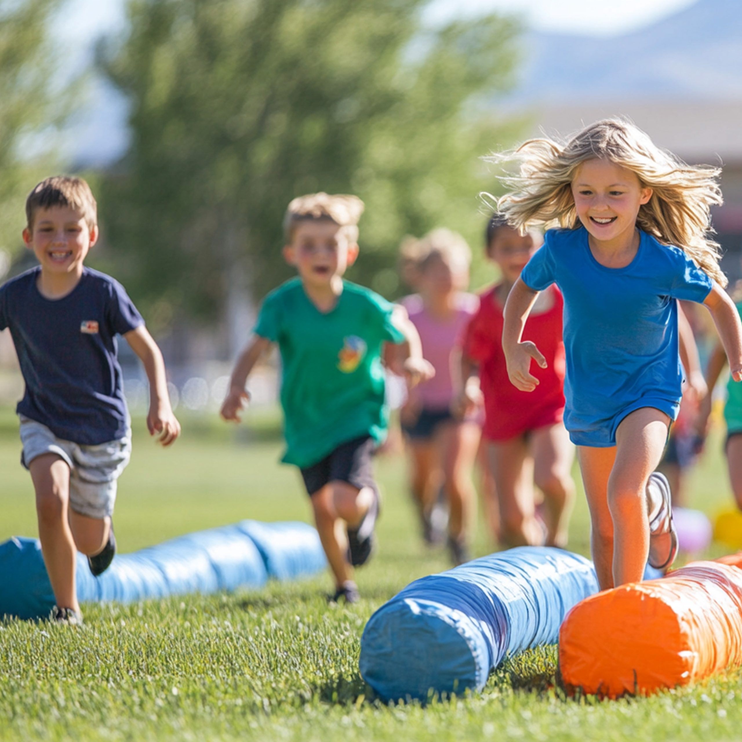 Children run and jump over colorful padded obstacles on a grassy field during an outdoor activity, with trees and mountains in the background.