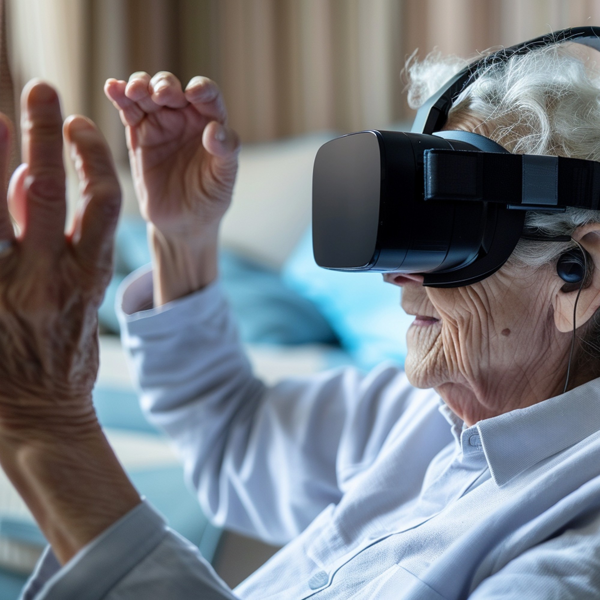 An elderly woman wearing a virtual reality headset sits indoors, raising her hands as if interacting with a virtual environment.