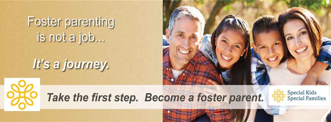 A smiling family of four poses together outdoors. Text encourages foster parenting and includes the logo for Special Kids Special Families.