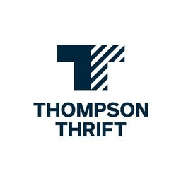 Logo for Thompson Thrift featuring a stylized "T" with solid and striped sections above the company name in bold, uppercase letters on a white background.