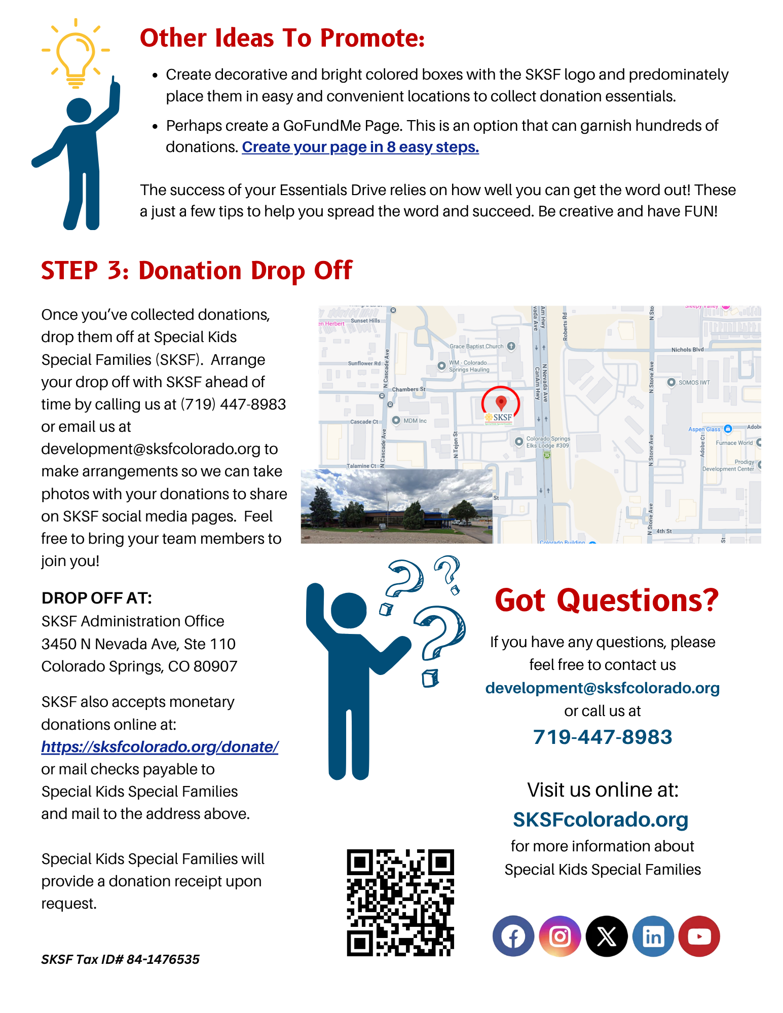 Informational flyer for Special Kids Special Families outlining donation drop-off locations, contact information, website links, social media icons, and a donation QR code.